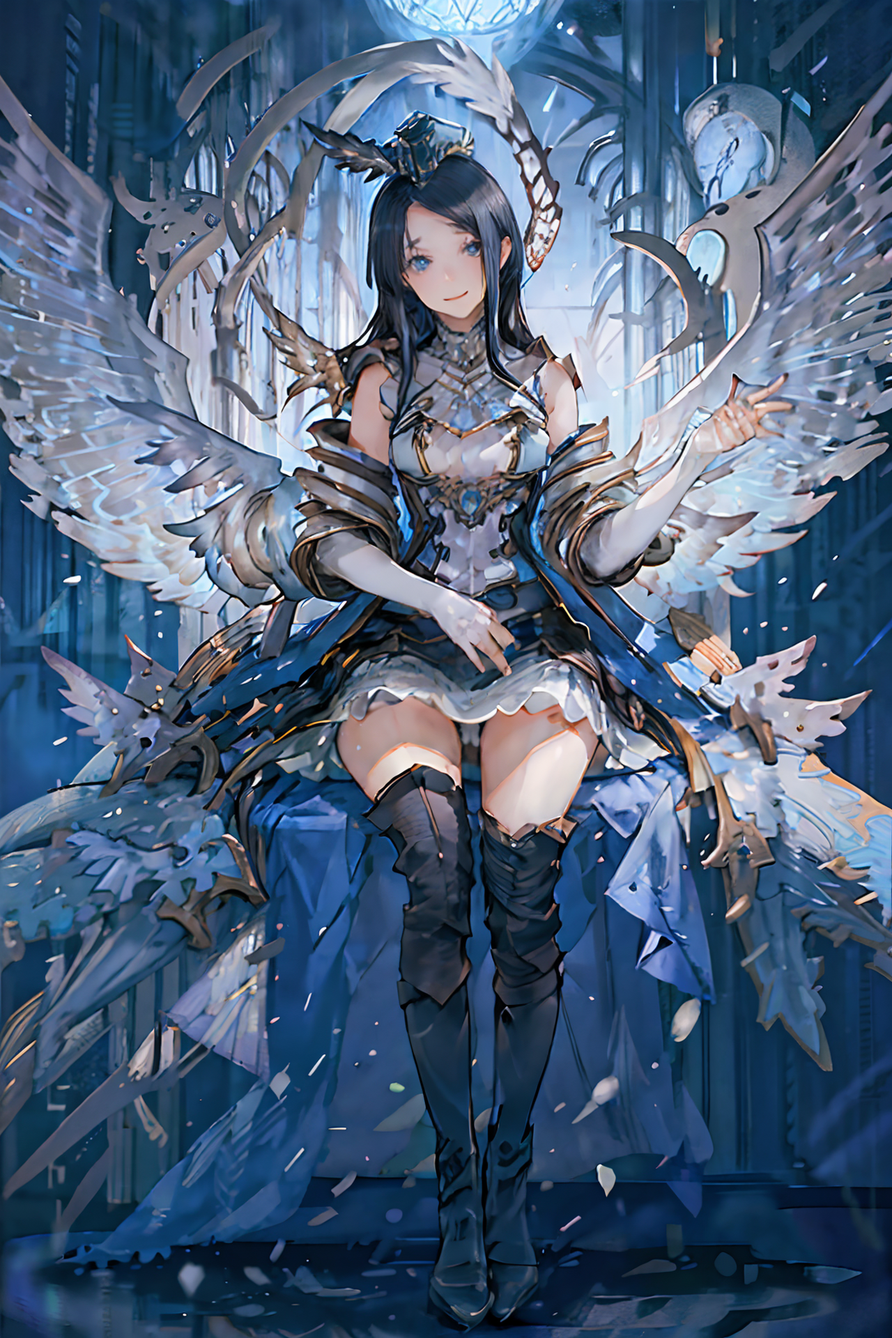 00063-342611858-1girl, solo, hat,Sit on the chair, white panties, Smile，_ dress,boots, black eyes, blue eyes, _lyco_Elana-000005_0.7_,ElaneStaff.png